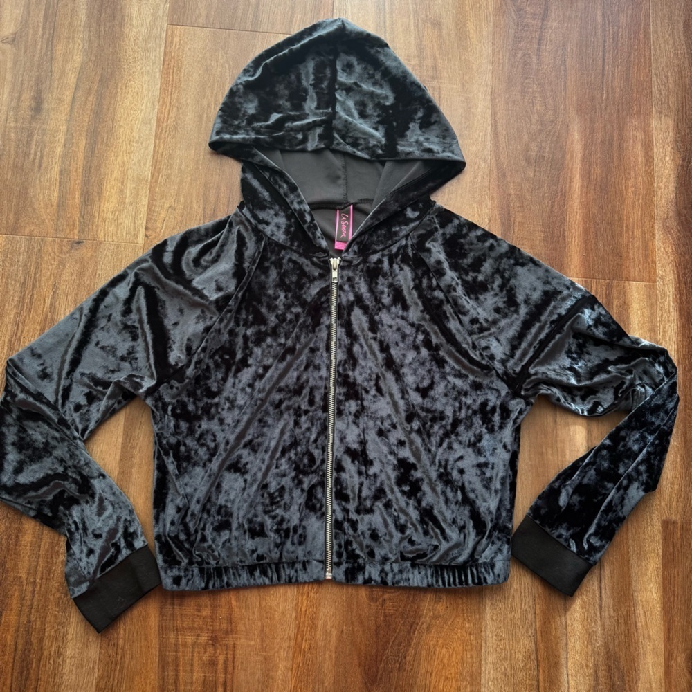 La Senza Black Crushed Velvet Velour Full Zip Cropped Y2K Track Sweater M - Picture 3 of 11
